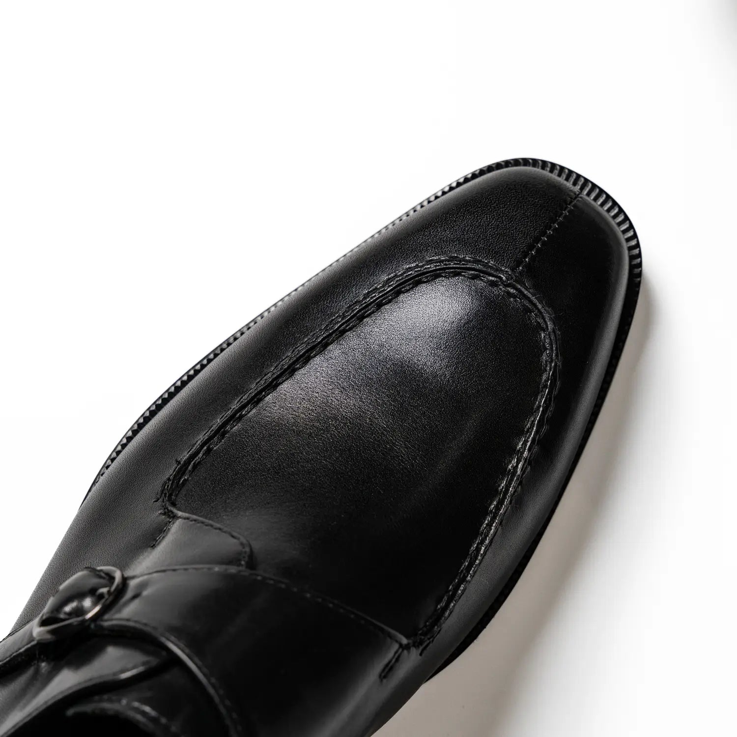 Apron stitch, split toe single monk strap in black, Mccallum in black