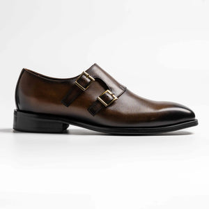 Wholecut double monkstrap in coffee, cross in coffee