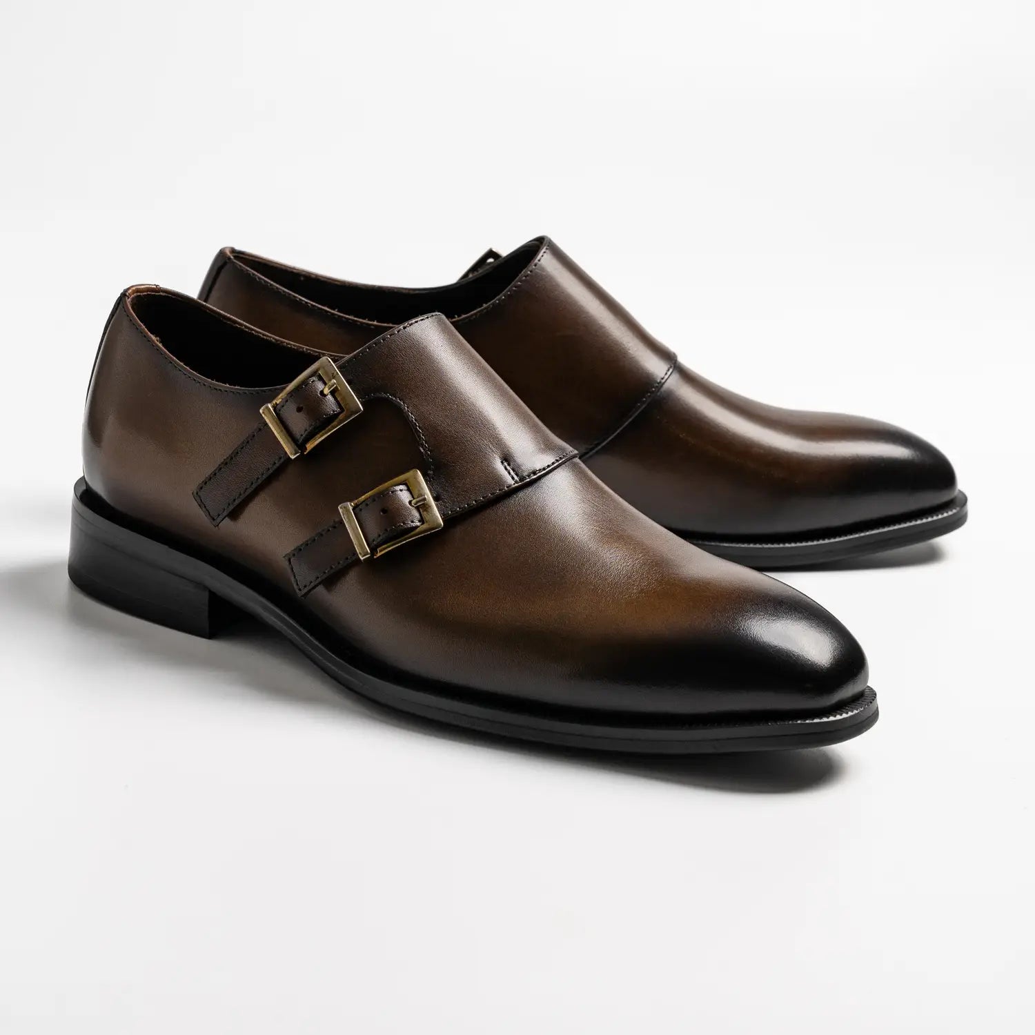 Wholecut double monkstrap in coffee, cross in coffee