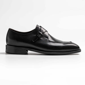 Apron stitch, split toe single monk strap in black, Mccallum in black