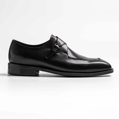 Apron stitch, split toe single monk strap in black, Mccallum in black 