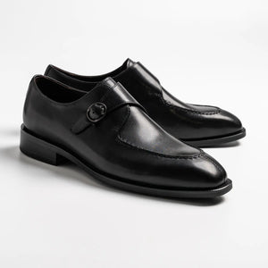 Apron stitch, split toe single monk strap in black, Mccallum in black 