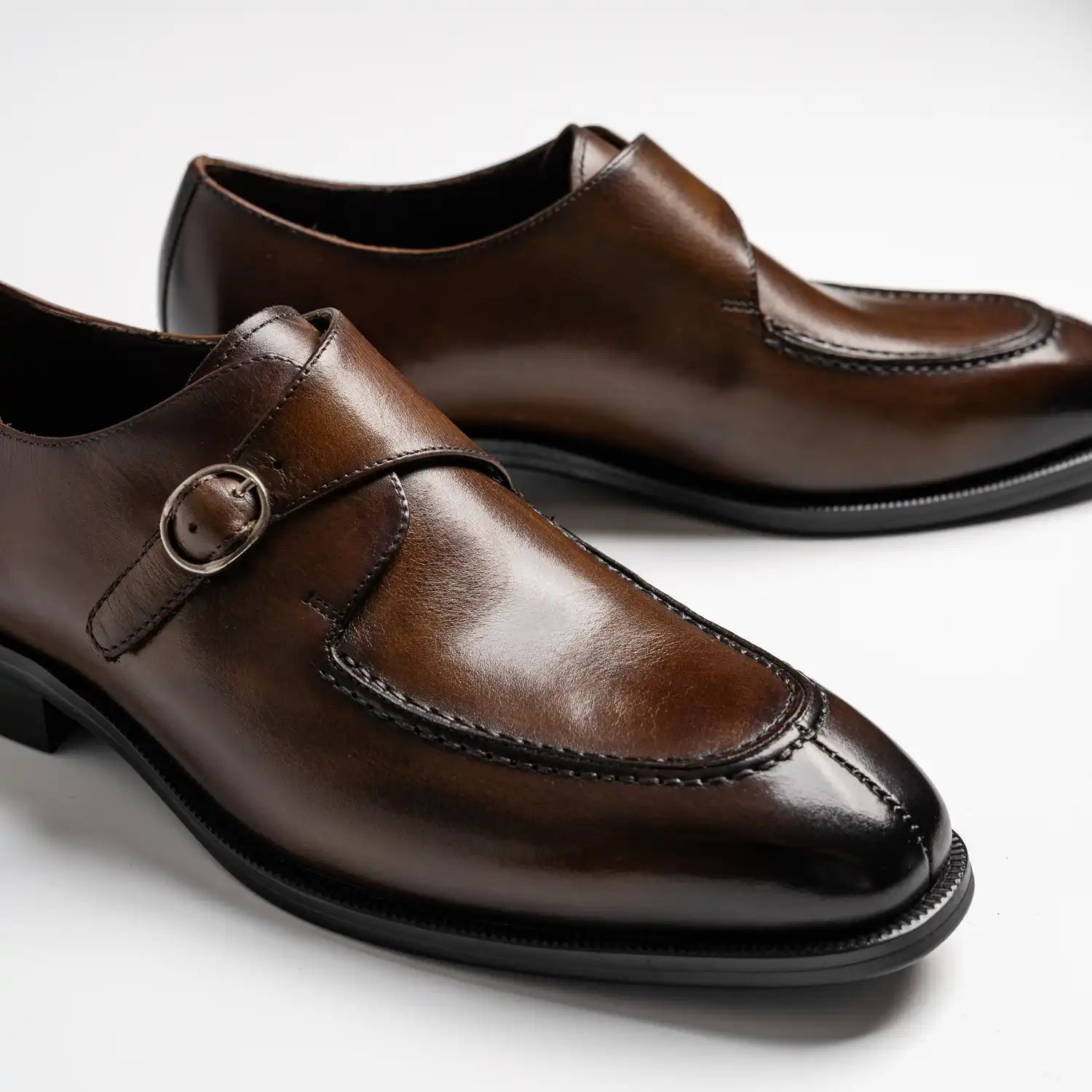 Apron stitch, split toe single monk strap in coffee, Mccallum in coffee